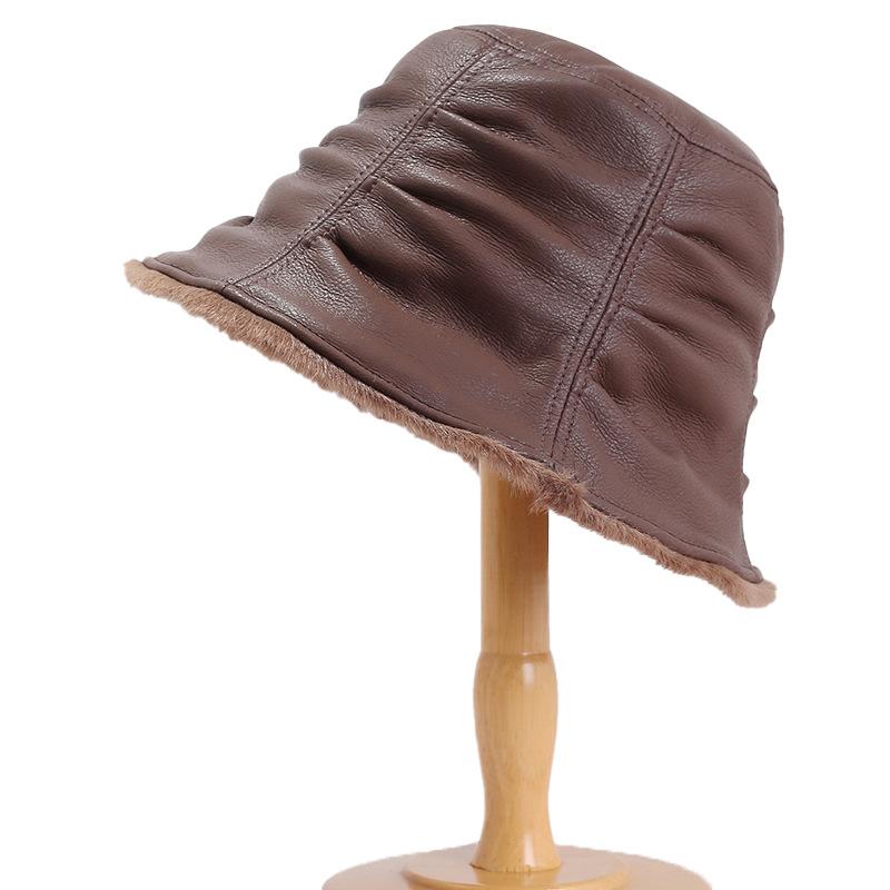 Niche soft leather PU fisherman hat children versatile street retro bucket hat basin hat autumn and winter