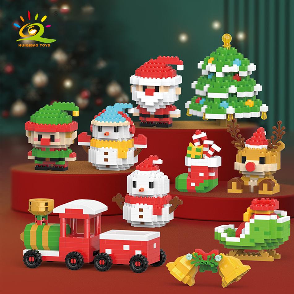 HUIQIBAO Mini Christmas Tree Santa Claus Children Train Model Micro Bricks Building Block Snowman Elk Bricks Toys New Year Gift
