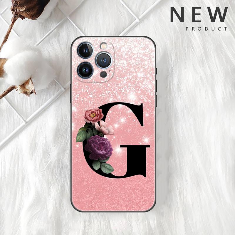 Letter A B C Flowers Pink Case For Apple iPhone 11 15 13 14 Pro Max 12 Plus X 15Pro Black Silicone Phone Coque