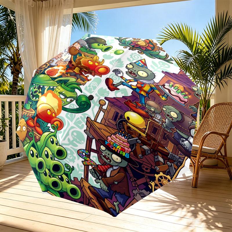 Plants VS Zombies Print Automatic Open Close Umbrella, Portable Foldable Umbrella, for Outdoor Commute Camping Trip, Ideal Birthday Gift