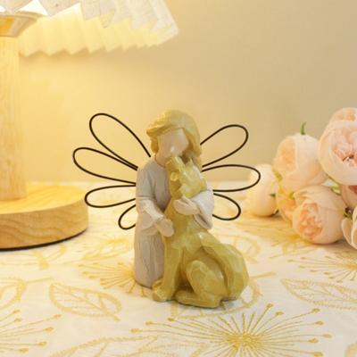 Angel And Dog Figurine Resin Hand-Painted Home Office Tabletop Ornament Mini Angel Girl And Dog Statue Gift for Dog Lovers