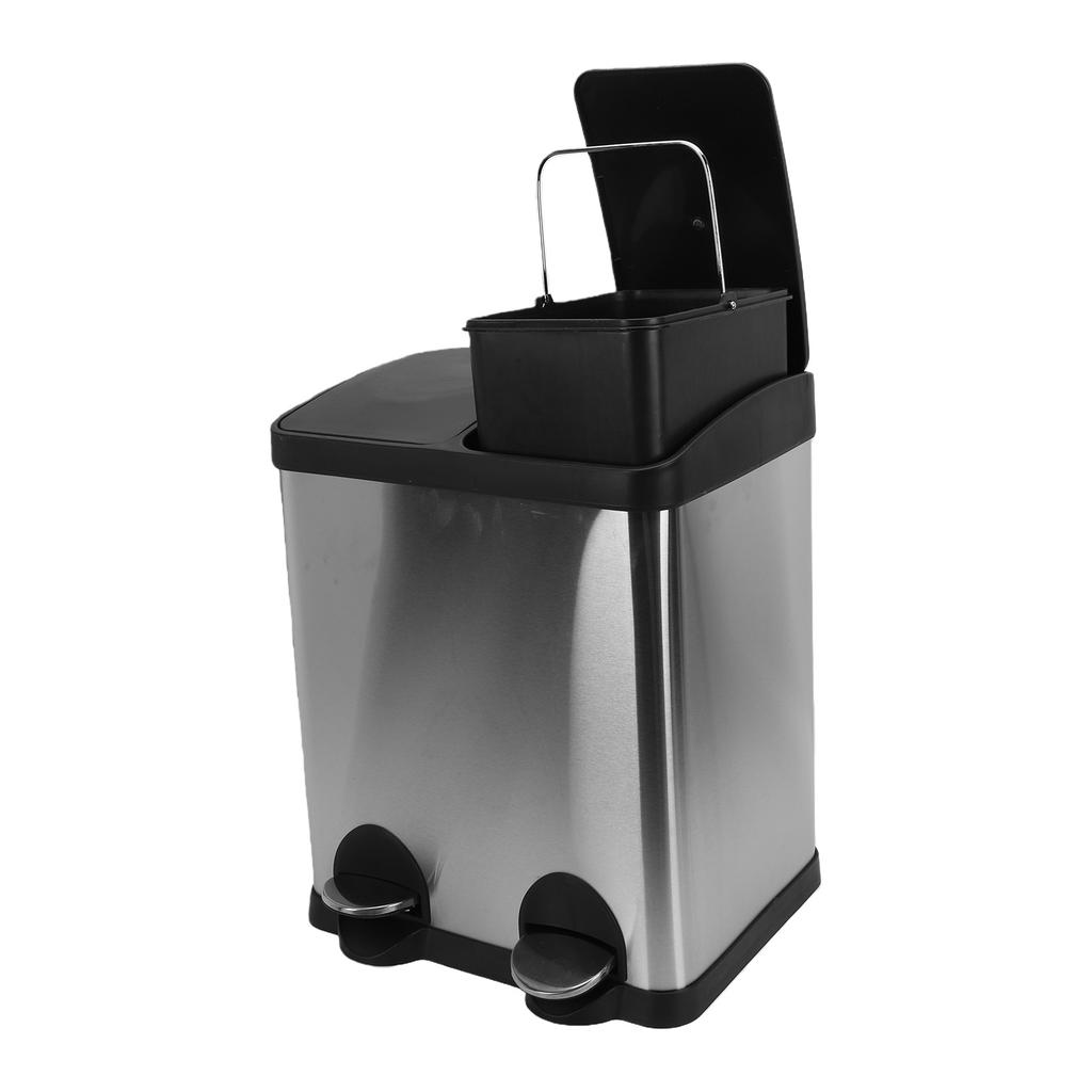 30L Stainless Steel Dual Compartment Step Trash Can Kitchen Garbage Bin with Soft Close Lid Silent Pedal Two Inner