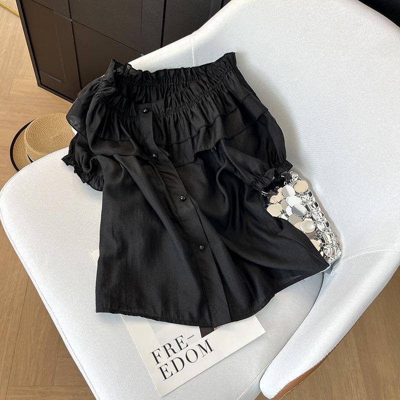 

One-word collar temperament versatile women 2025 summer new ruffle edge thin beautiful shirt chic shoulder top M [Recommended below 50kg] чорний