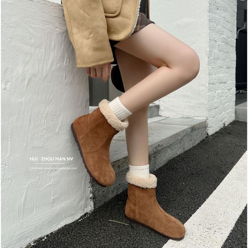 Inner Height Increase Velvet Boken Boots Leather Short Boots Women's New Retro Warm One-pedal Short Snow Boots
