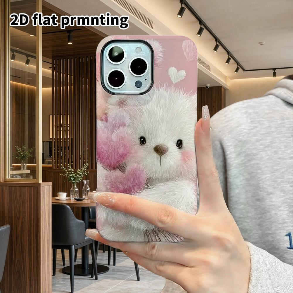 Phone Case: 2D Flat Suitable for iPhone 18 17 16 15 14 13Pro Film Protective Case, Couple Style, Pink Fluffy Little White Bear, Christmas and Hallowee