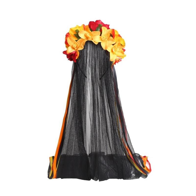 Gotisches Blumenhaarband mit Schleierband für Frauen Cosplay Party Kostüm Tag der Toten Kopfschmuck Feiertagsaccessoires