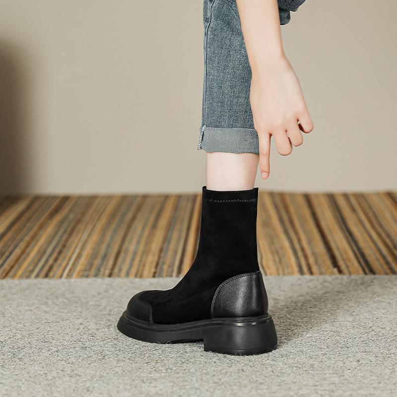Slim Textured Suede Boots for Women New Retro British Style Round Toe Elastic Short Boots for Women Thin Boots