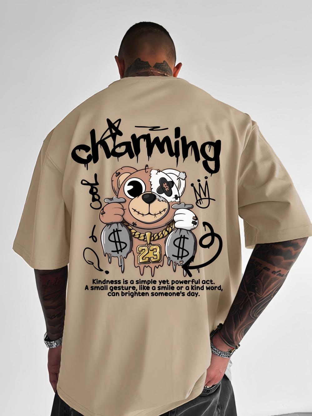 

Summer New Mens Teddy Bear Money Letter Printed Comfortable and Breathable Round Neck Tshirt Outdoor Street Style Top 3XL