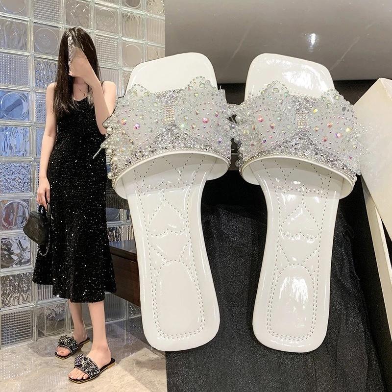 Women Summer Shoes  New Fashion Comfortable Non Slip Bow-knot Slippers Outdoor Soft Sole Rhinestone Dress Style Women Sandal