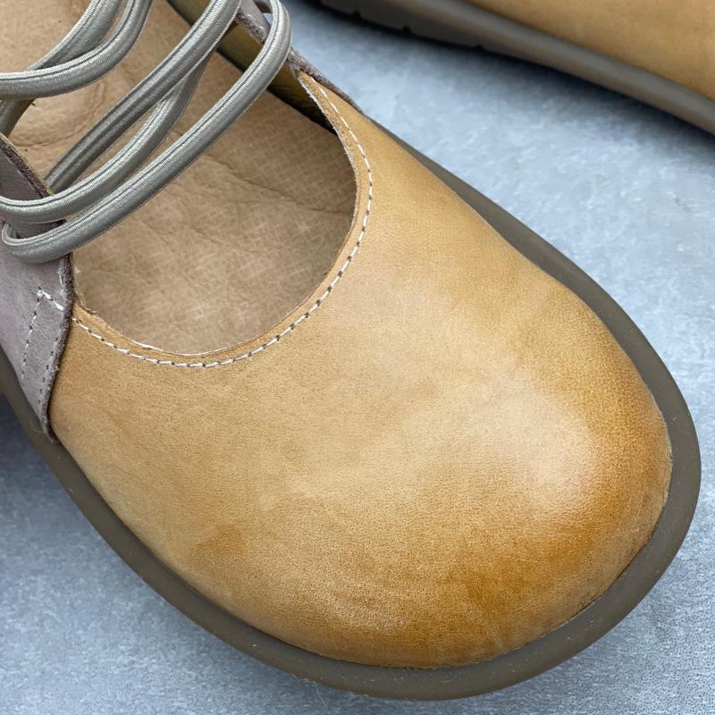 Johnature Handmade Genuine Leather Round Toe Mixed Colors Women's Flat Shoes Elastic Band Slip-on Loafers