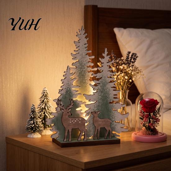 Seasonal Home Accessories Wooden Christmas Tree Table Decor with LED Light, Rustic Standing Sign Small Lighted Reindeer Santa Claus for Holiday Tiered
