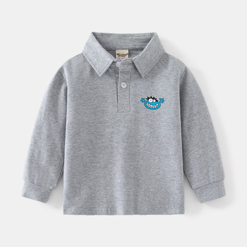 Children's Clothing Spring and Autumn Kids Long Sleeves Polo Shirt Boys' Two-Button Lapel Monster Cartoon Print Baby T-shirt