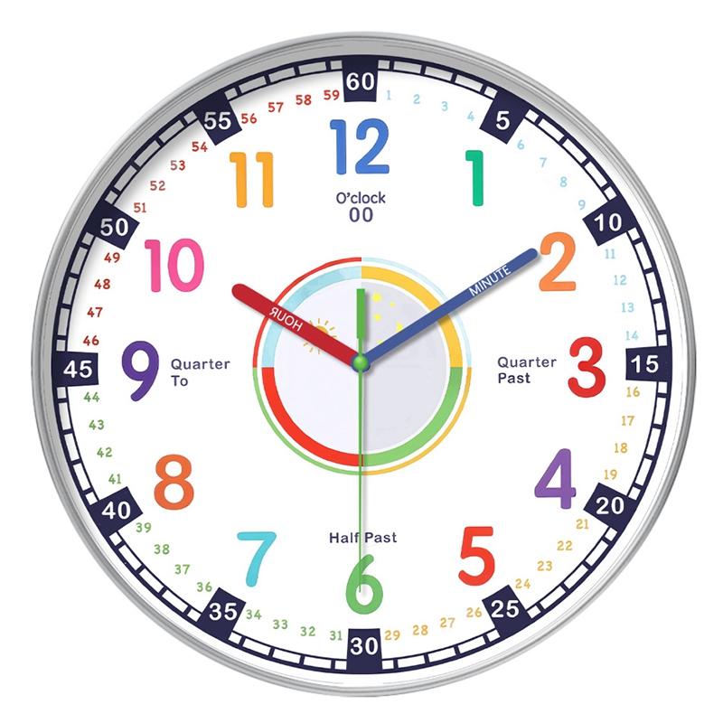 10 Inch Early Childhood Education Clock Colorful Round Wall Clock Kids' Room Decor Non Ticking Learning Clock Wall Decoration