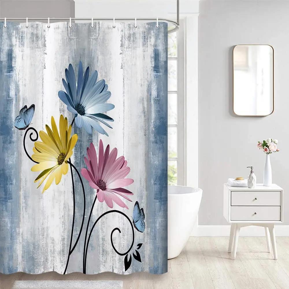 Teal Large Daisy Floral and Butterfly Shower Curtain Turquoise Bathroom Curtain Waterproof Bathroom Decoration With Hooks