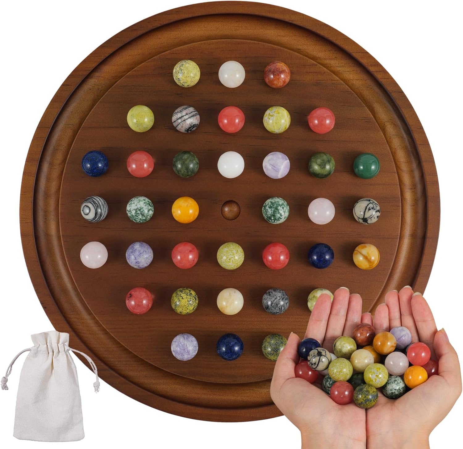 

12,6 Розкішна мармурова гра Солітер з 36 натуральними дорогоцінними камінцями, потовщена дерев яна дошка, вищий рівень складності