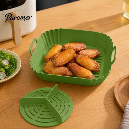 Nonstick Grilling Tray 2PCS Air Fryer Silicone Baking Pan with Handles, Square And Rectangular Microwave Safe Oven Set, Liner for Roasting Steaming
