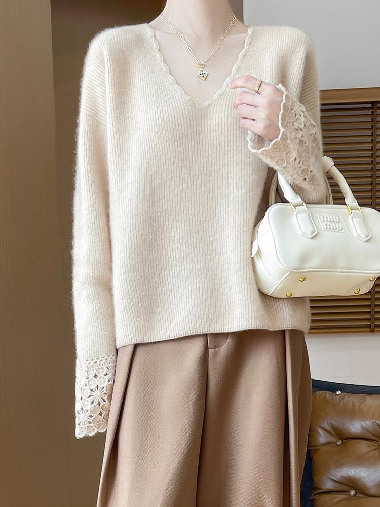 Women's 100% Pure Wool V-Neck Lace Long Sleeve Loose Sweater - Autumn/Winter 2025 Collection