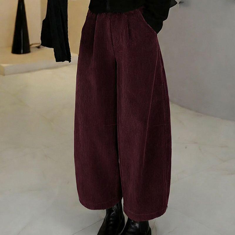 Women s Cropped Corduroy Stretch Elastic Waist Wide-Leg Pants Medium