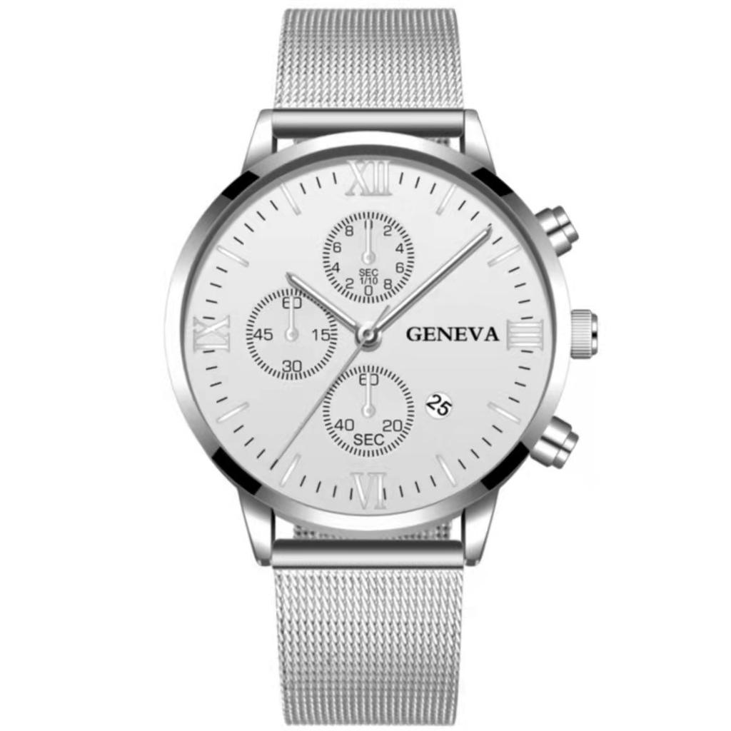 Mesh Belt Men With Calendar, Fake Three-Eye Business Leisure Boys Gift Quartz Watch