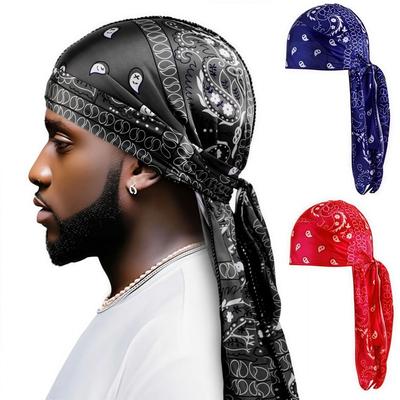 Trends Amoeba Print Men's Headscarf Breathable Lightweight Long Tail Pirate Cap Wave Print Imitation Silk Cycling Hat Outdoor