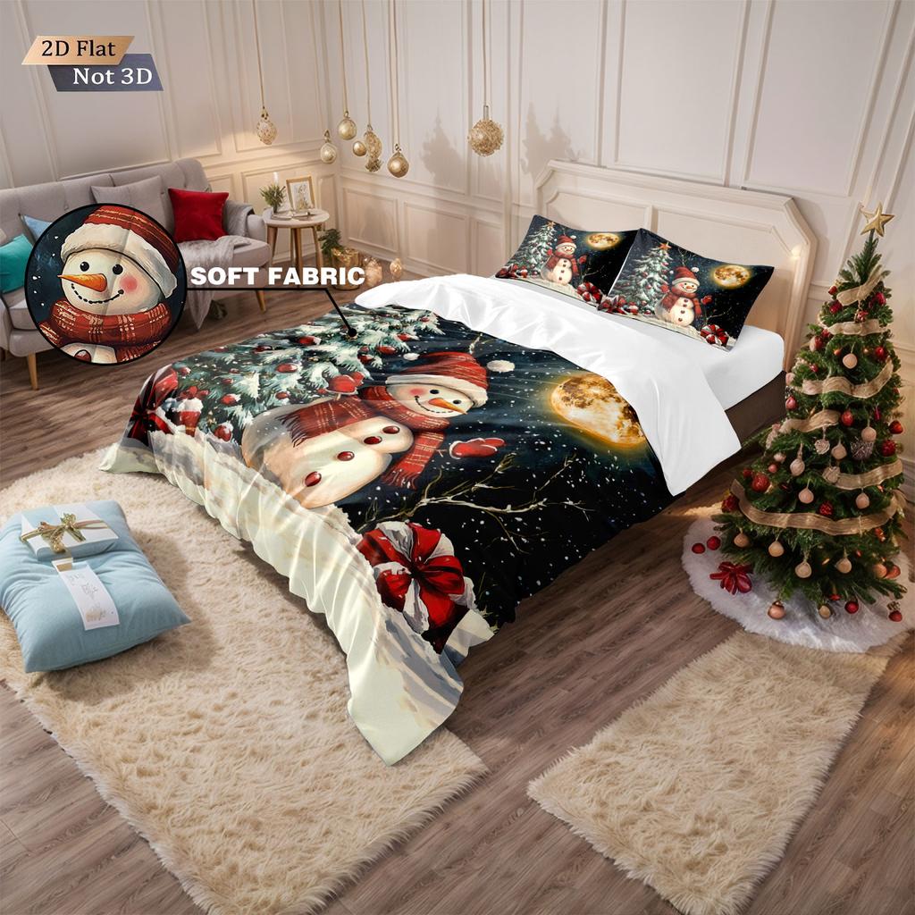 3pcs Christmas snowman reindeer red print coreless duvet set multi size bedroom bedding holiday decoration soft machine washable