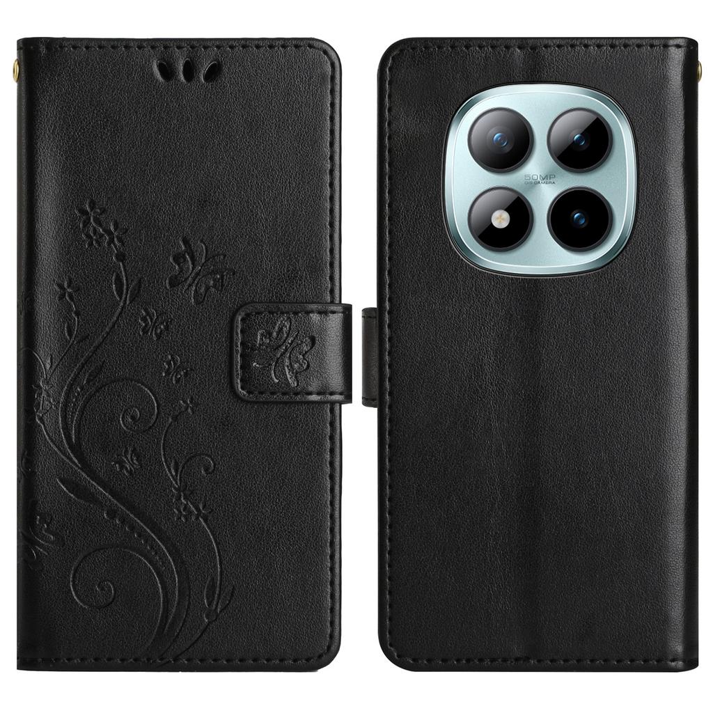 Pro Xiaomi Redmi Note 15 Pro 5G (Globální) Kožené pouzdro peněženka s potiskem motýlů a květin, kryt na telefon s popruhem