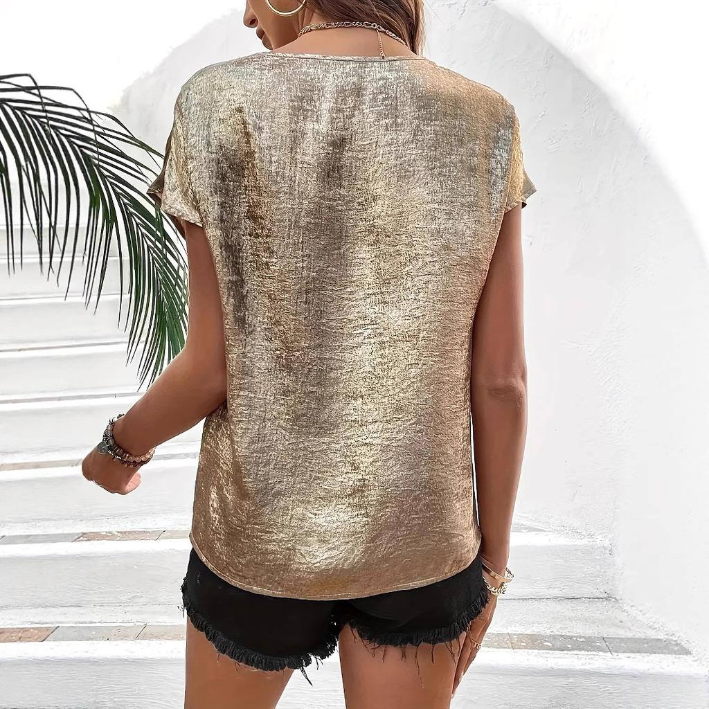 Women Summer Short Sleeve V Neck Lacework Solid Color Pullover T Shirt Blouse Top