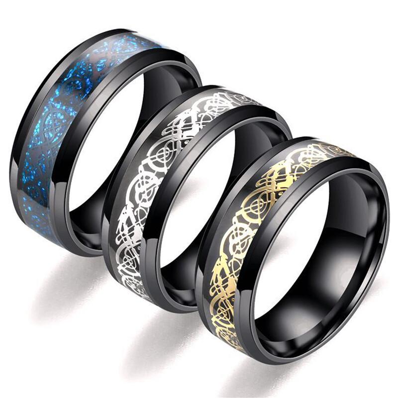 Fashion Dragon Inlay Ring Stainless Steel Jewelry For Men Comfort Band Ring 8mm~