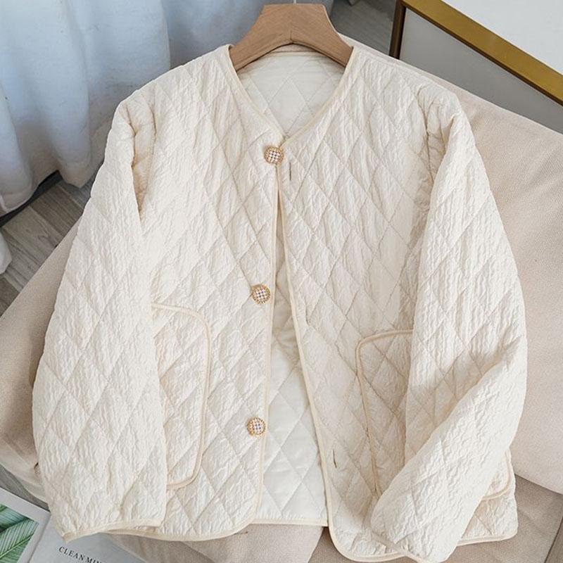 Female Autumn Winter Long Sleeve Outerwear Women Cotton Padded Jacket Solid Casual Loose Lightweight Collarless Parkas