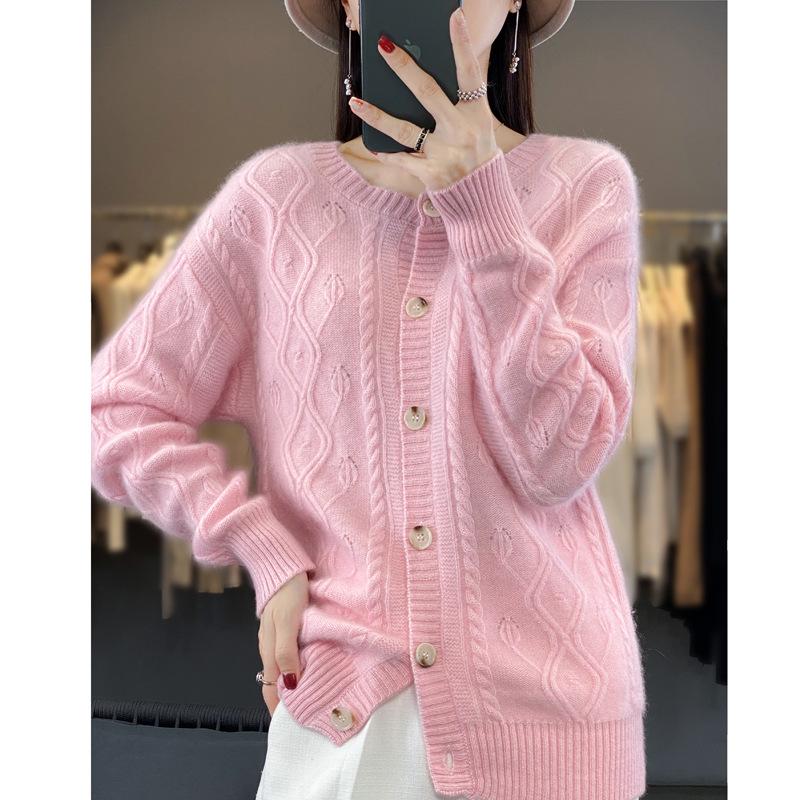 2023 Women's Cable Knit Wool Cardigan - 100% Pure, Loose Fit Autumn/Winter Outerwear