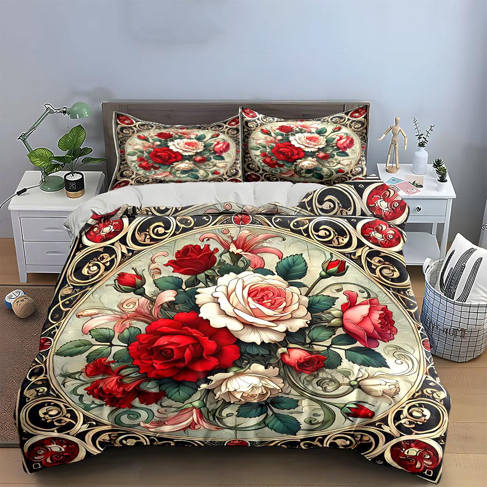 Vintage Floral Rose Bouquet Bedding Duvet Cover Set Duvet Cover Pillowcases (1*Duvet Cover 2*Pillowcases, Without Duvet Insert)