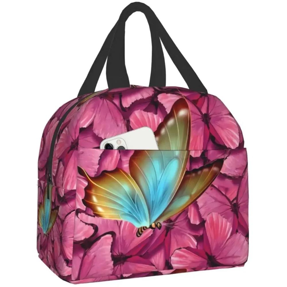 Pink Colorful Butterfly Insulated Lunch Bag Portable Lunch Bags for Girls Women Reusable Leakproof Lunch Box Picnic Travel Work