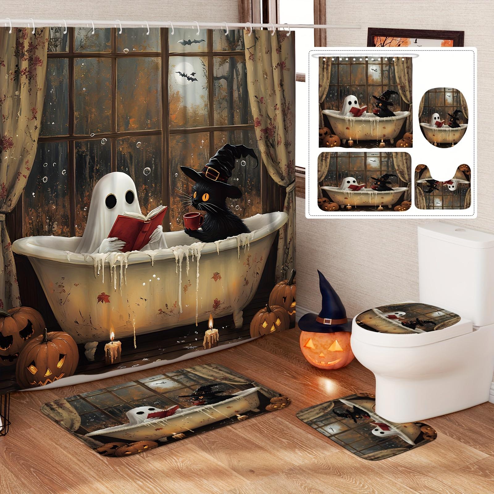 

Halloween Fall Bath Curtain Set - Funny Scary Print With Pumpkin, Ghost & Black Cat, Includes U-Shaped Toilet Lid Pad W60H190(CM)-1 Pcs