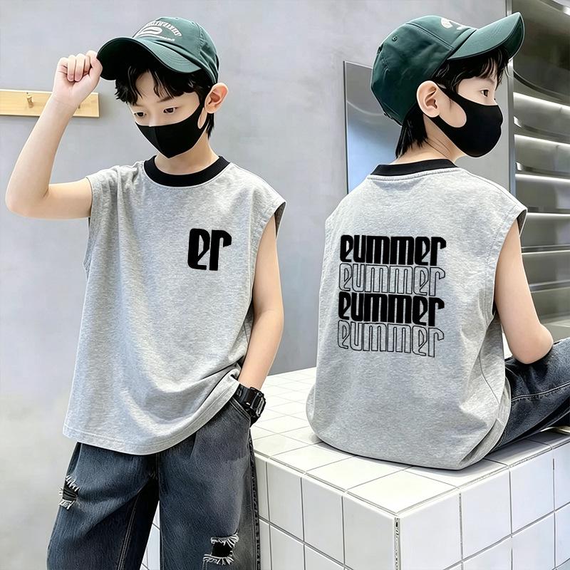 Boys' Color Block Cotton Vest T-Shirt - Summer 2026 Casual Sleeveless Top for Medium & Large Sizes