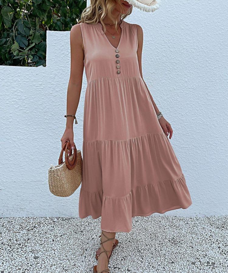 Summer Women Dress Sleeveless V Neck A-Line Knee-Length Solid Color