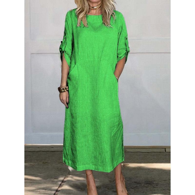 Casual Fashion O Neck Short Sleeve Women Dress Elegant Solid Color Loose Simple A-line Party Dresses Female Plus Size Pockets Spring Summer Clothing