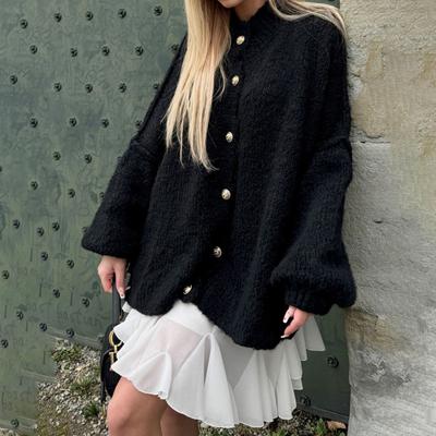 Women Oversized Sweater Coat Round Neck Lantern Long Sleeve Single Breasted Knitting Outerwear Casual