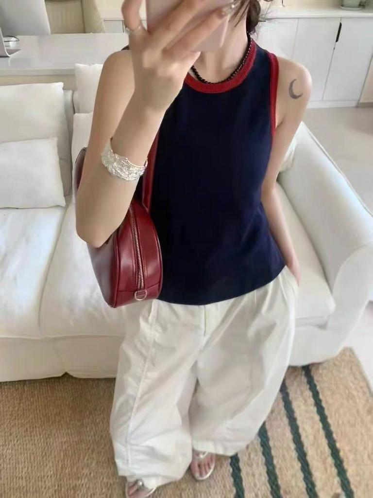 Women's Color Block Knitted Tank Top - Spaghetti Strap, Slim Fit, Underarm Coverage, Spring/Summer/Autumn
