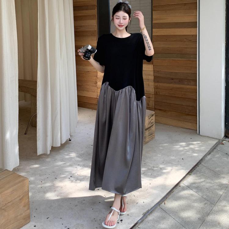 Women Summer Plus Size Dress Casual Vintage Oversized Basic Long Loose Spliced O Neck Dress