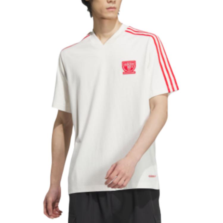 adidas Originals Graphic T-Shirt Logo Striped Print V-Neck Short Sleeve Men T-Shirts White JD3259