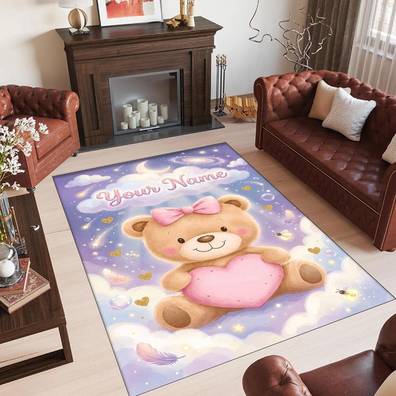 Teddy Bear Theme Crystal Velvet Rug Personalized Custom Name Text Soft Floor Mat Home Decor