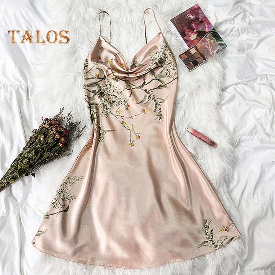 Letní Dámská noční košile s výstřihem do V Hedvábně saténový potisk bez rukávů Špagetový pásek Bez zad Měkké prodyšné dámské Mini šaty na spaní Noční košile Na spaní