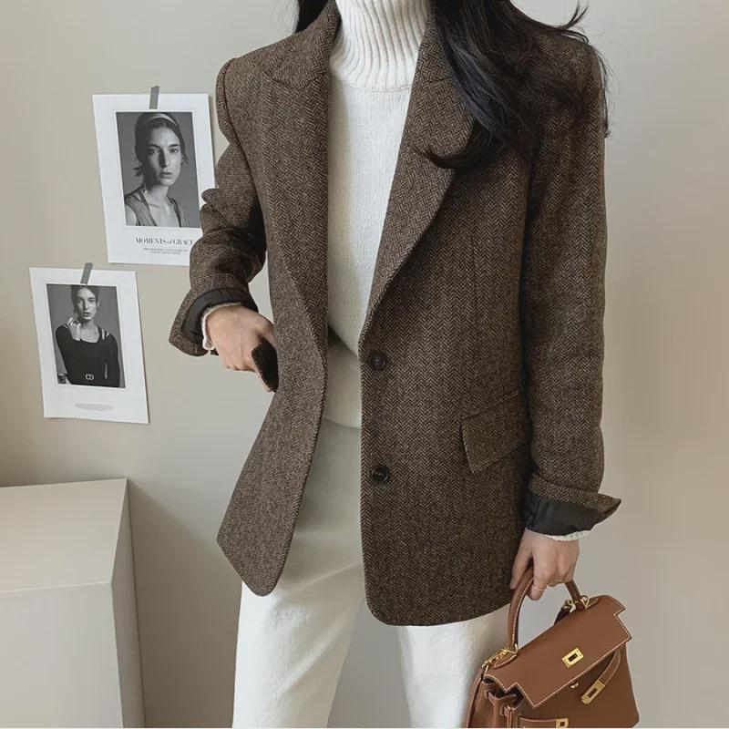Women's Retro Hong Kong-Style Wool Herringbone Jacket - Long-Sleeved, Chic Suit Top for Spring & Autumn