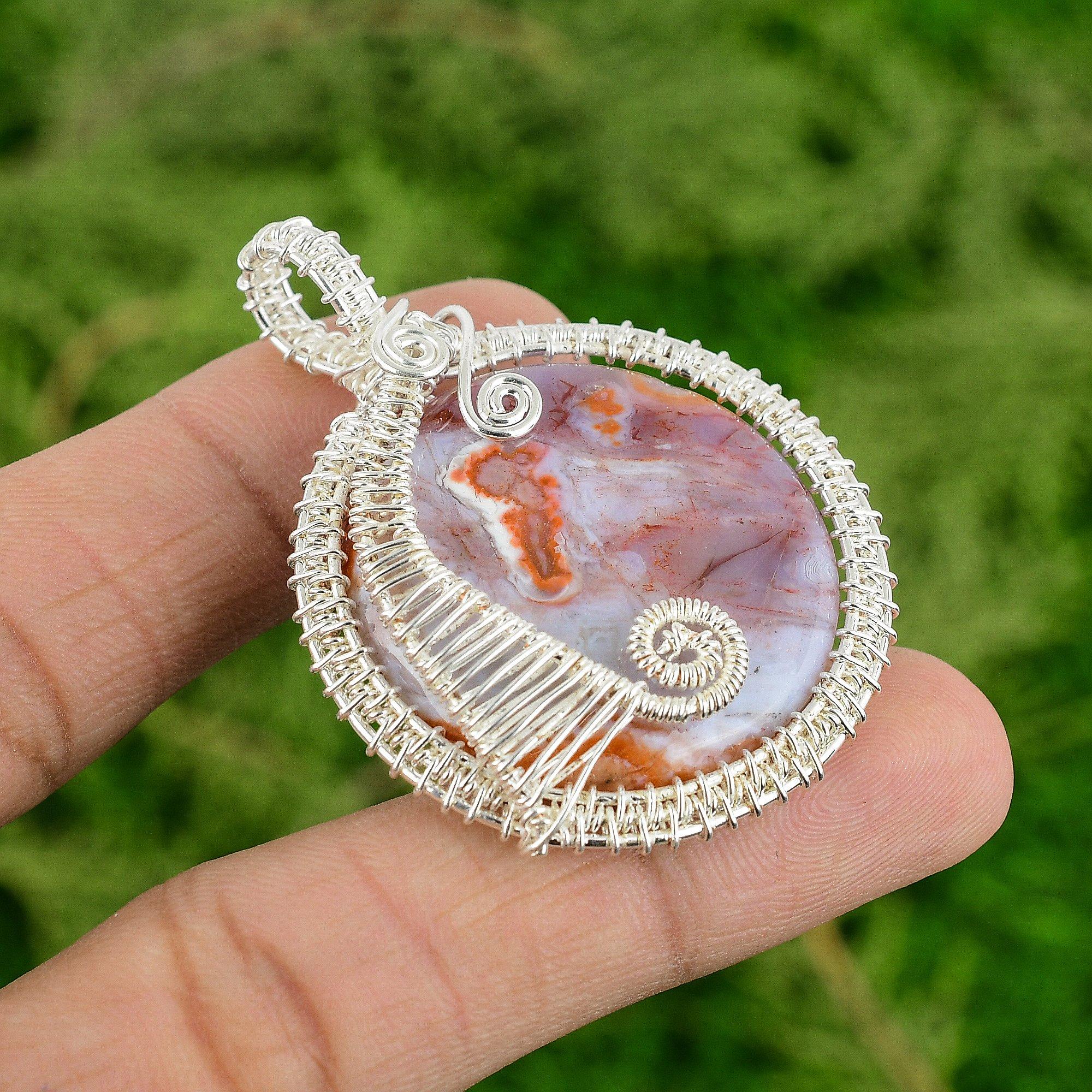 

925 Sterling Silver Round Rainbow Jasper Gemstone Wedding Wire Wrapping Pendant