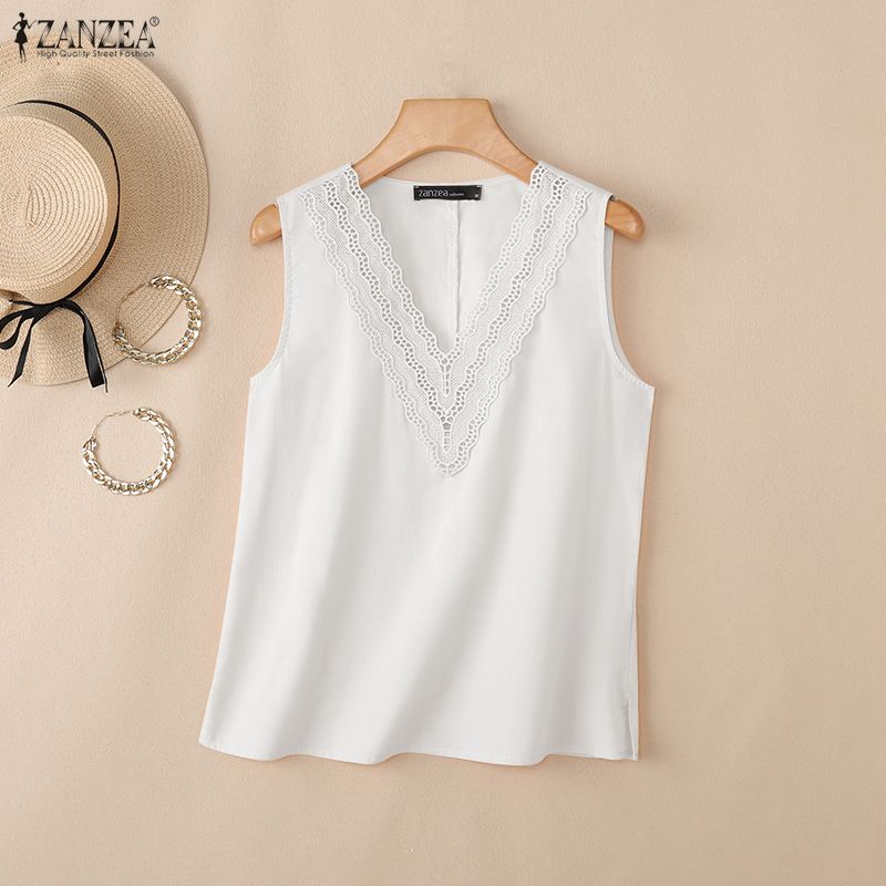 ZANZEA Women Casual Splice V-Neck Loose Sleeveless Tank Tops