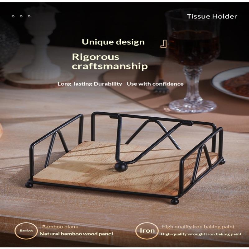 Flat Napkin Holder Metal Iron Serviette Holder Napkin Stand With Wooden Base For Home Kitchen Countertop Decor