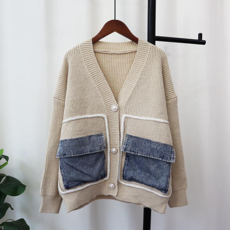 Autumn and winter new denim pocket knitted cardigan loose design temperament versatile sweater jacket women