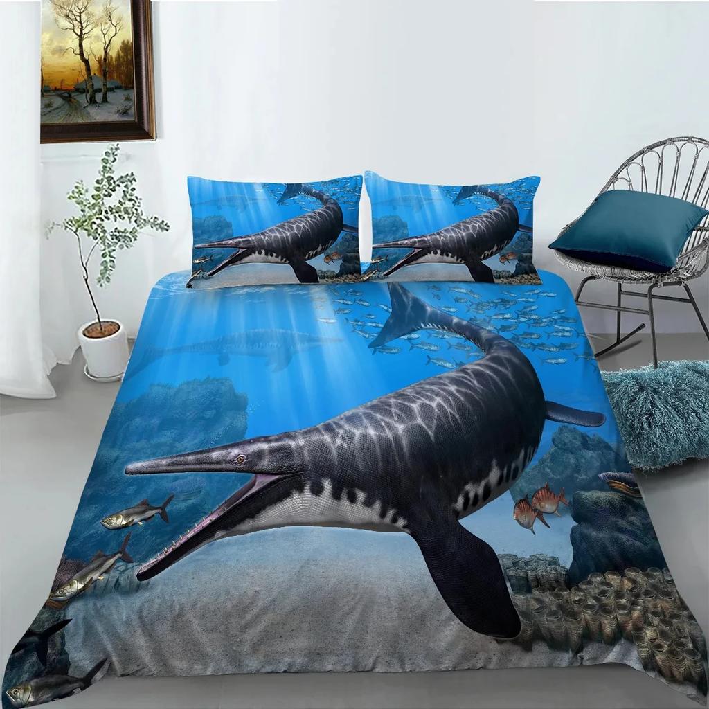 Jurasic Dinosaur Soft Duvet Cover Set for Young Boys King/Quen Sized Dimensions Polyester Beding Set Big Stegosaurus Brontosaurus Pterosaur