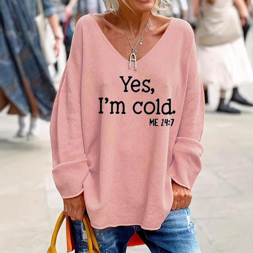 European and American Amazon Unique Street Fashion Loose Casual Solid Color Letter Print V-neck Sweater for Women