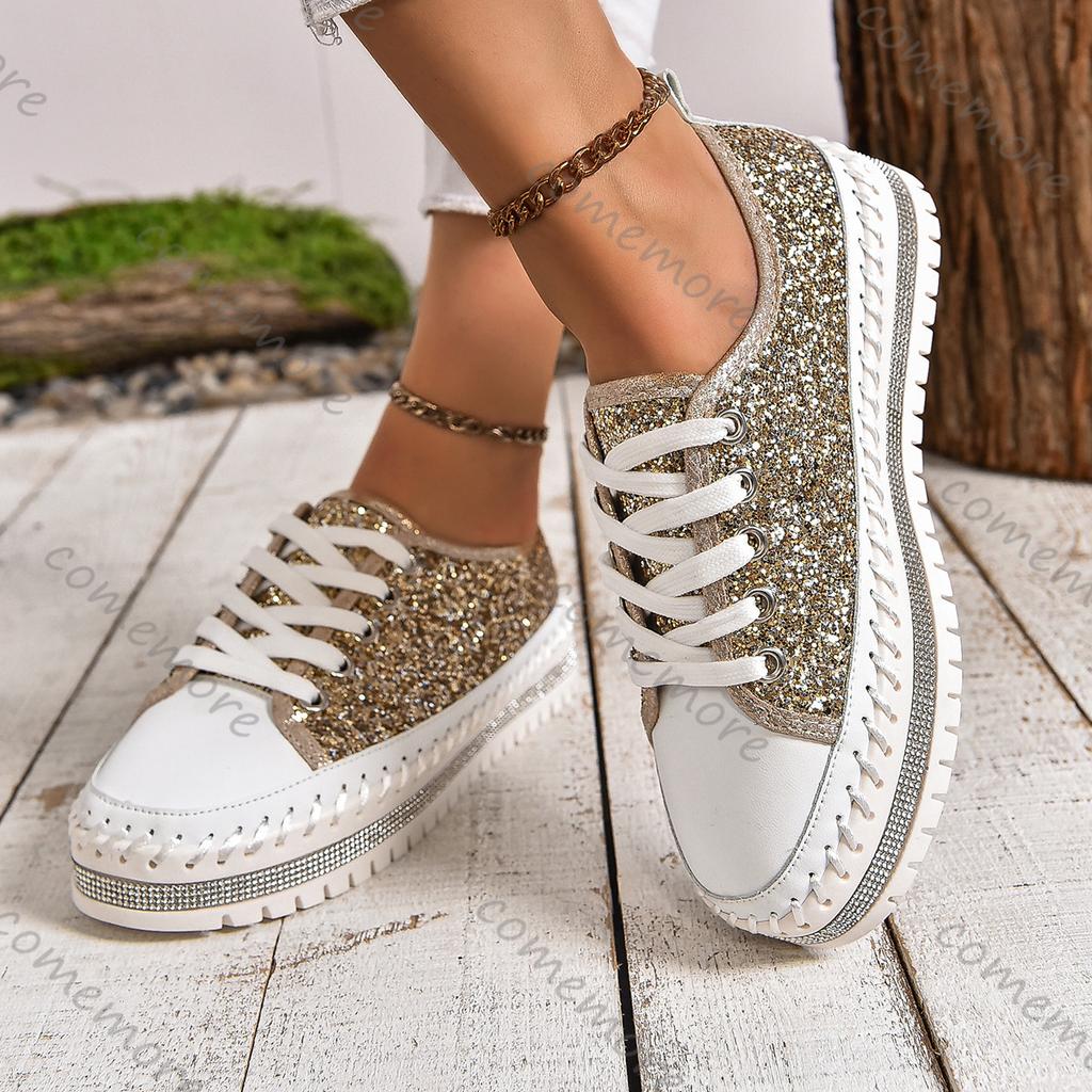Comemore Women's Casual Shoes Flat Bottom Rhinestone Lace-up Sneakers for Women Spring Autumn Pltatform Sports Board Shoe Female